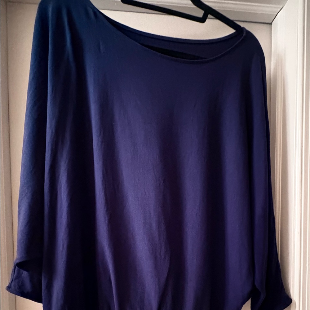 Navy Blue Women's Boxy Cotton Top 3/4 Sleeve Lands End elastic bottom
